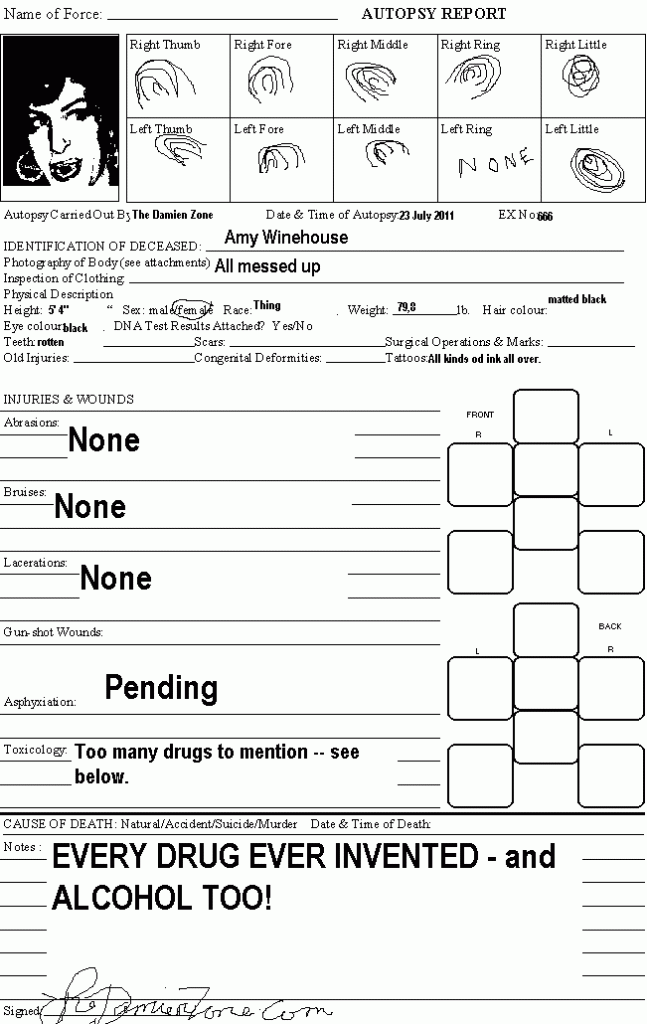 Our Own Amy Winehouse Autopsy Report. – The Damien Zone