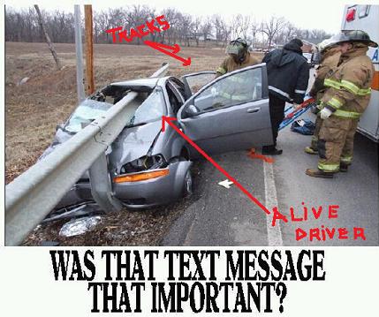 Text Message Car and Guard Rail Photo — Kind of a Hoax.